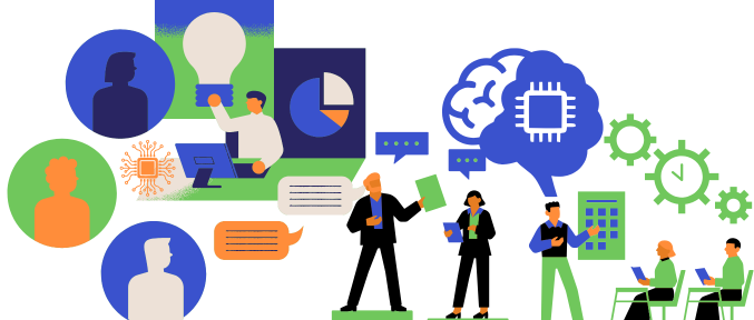 Équipe agile en réunion Scrum utilisant l’IA comme copilote pour la gestion de projet