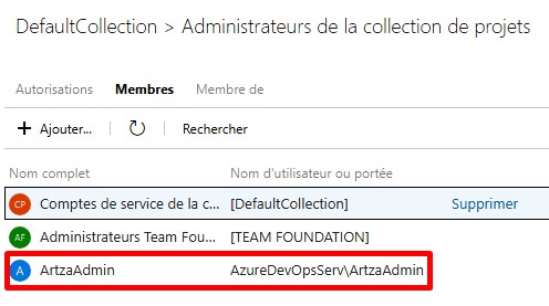 Utilisateur Azure DevOps avec les droits d’administration de la collection de projets