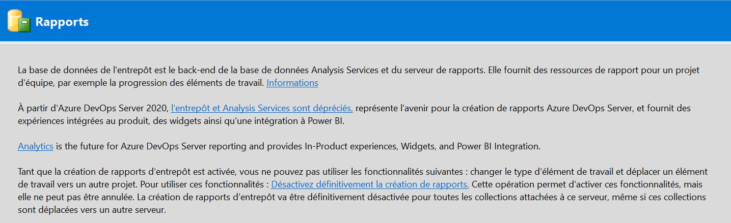 Avertissement de la dépréciation de SQL Server Reporting Services dans Azure DevOps Server