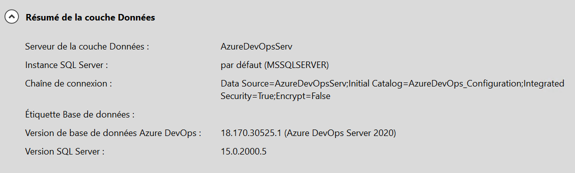 Base de données de configuration sur une instance SQL Server pour Azure DevOps Server