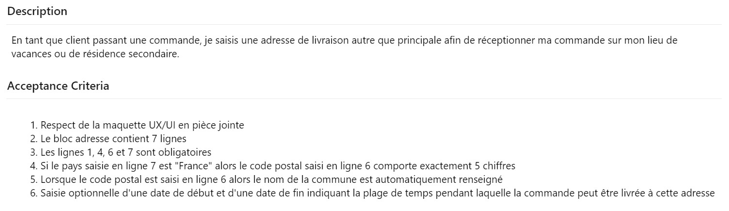 Description et critères d’acceptation d’une User Story principale