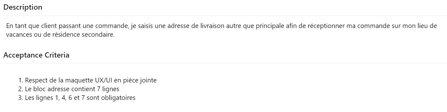 Description et critères d’acceptation de la première User Story découpée