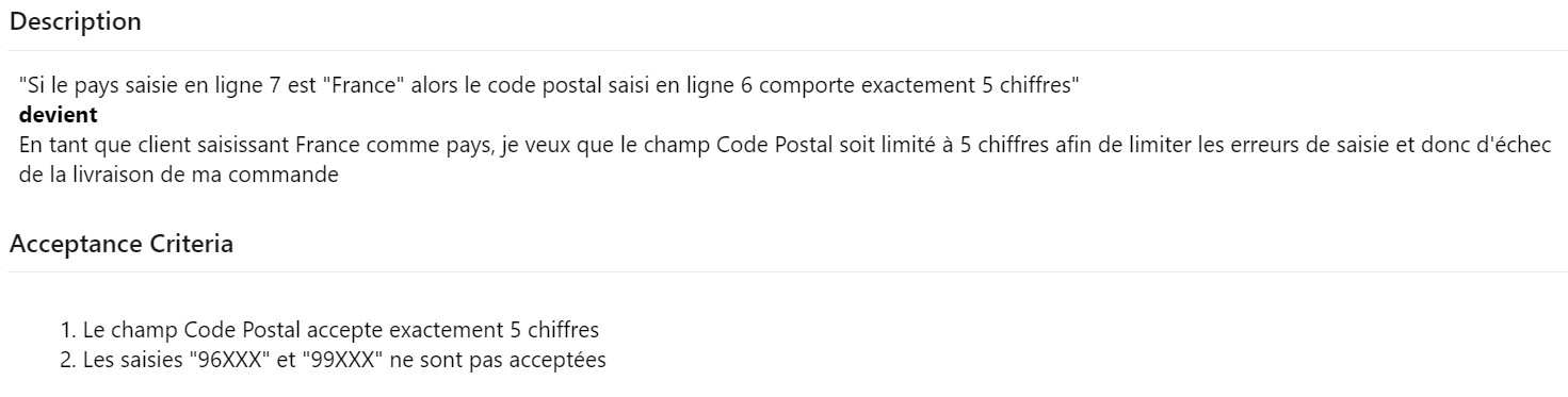 Description et critères d’acceptation de la deuxième User Story découpée