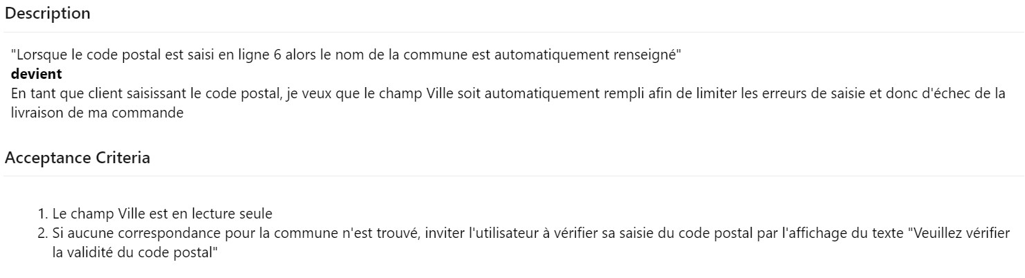 Description et critères d’acceptation de la troisième User Story découpée