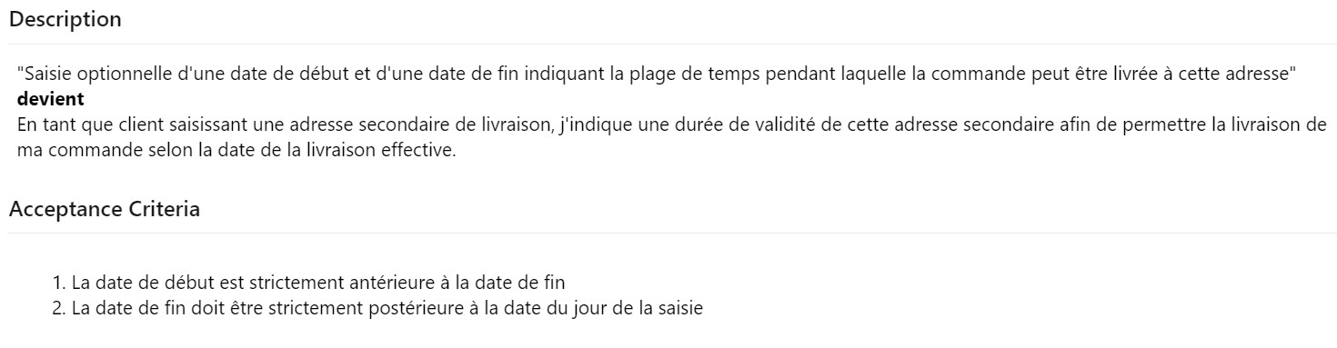 Description et critères d’acceptation de la quatrième User Story découpée