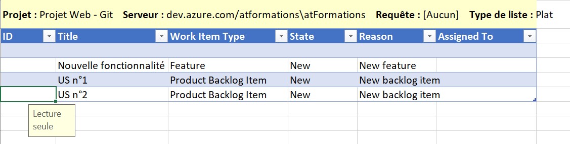 Azure DevOps -colonne ID dans Excel