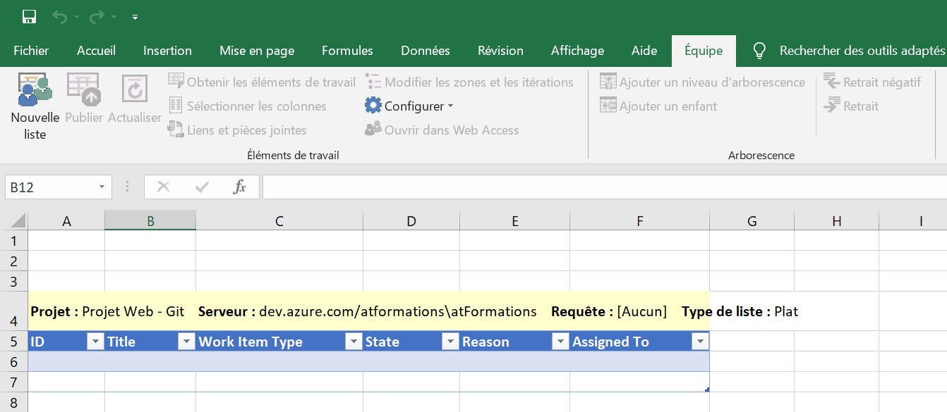Azure DevOps - liste d'entrée dans Excel