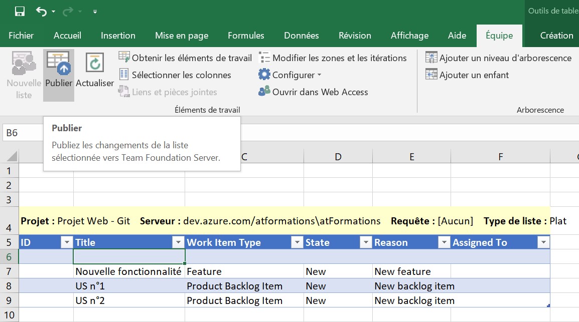 Azure DevOps - Publier à partir d'Excel