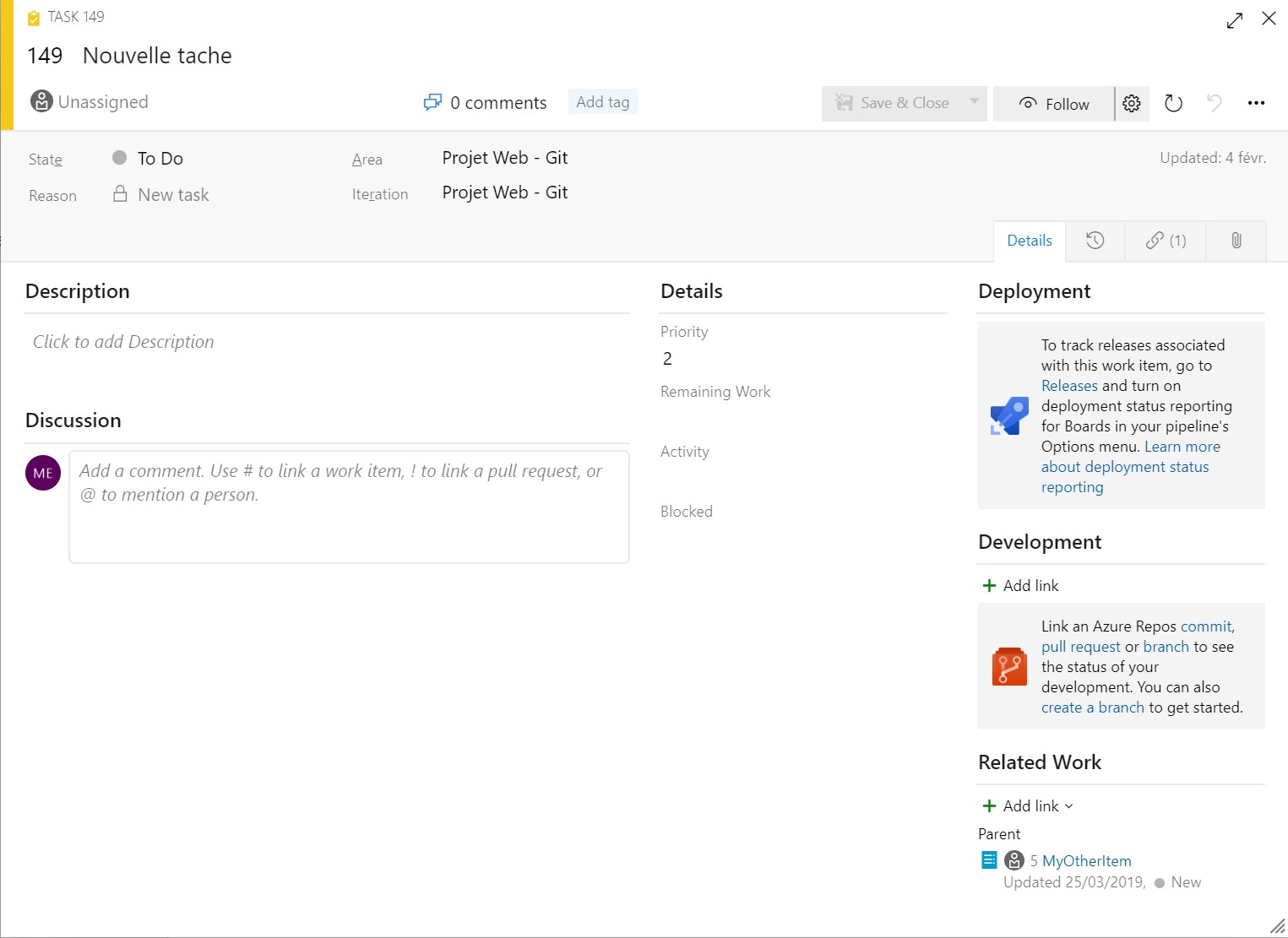Azure DevOps - élément de travail Task