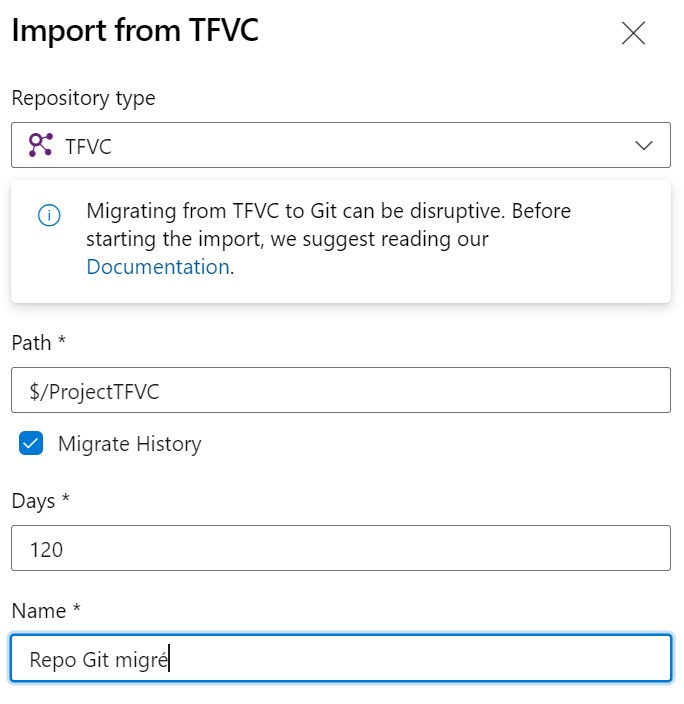 Options d’historique et de nom pour migrer de TFVC vers Git dans un projet Azure DevOps