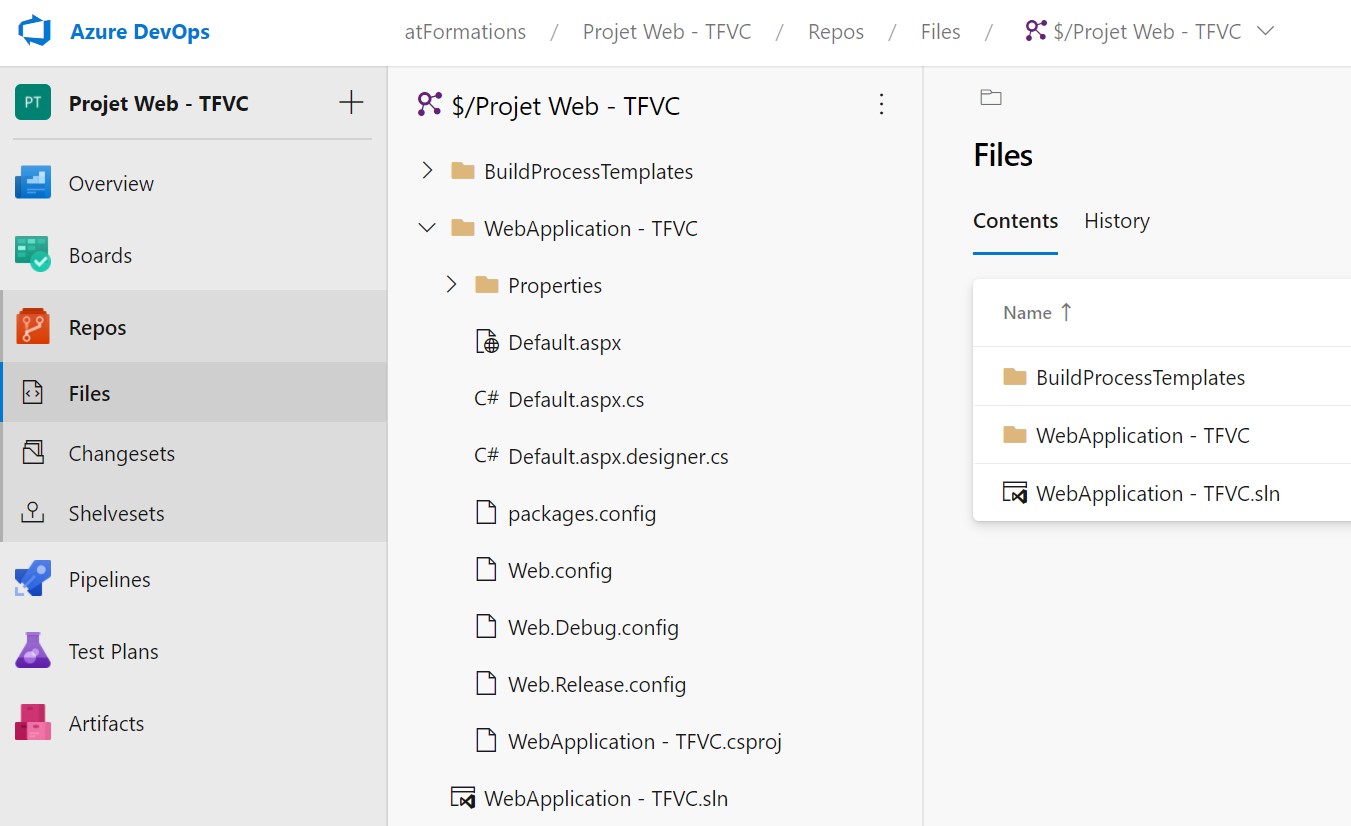 Projet TFVC dans l’interface web de Azure DevOps