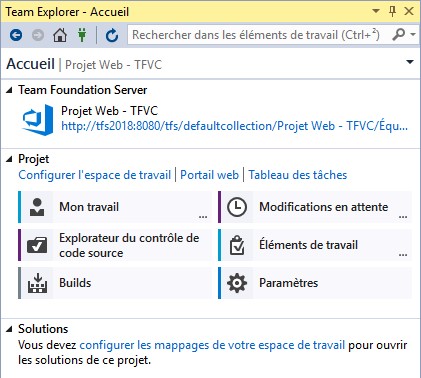 Team Explorer connecté à un projet TFVC