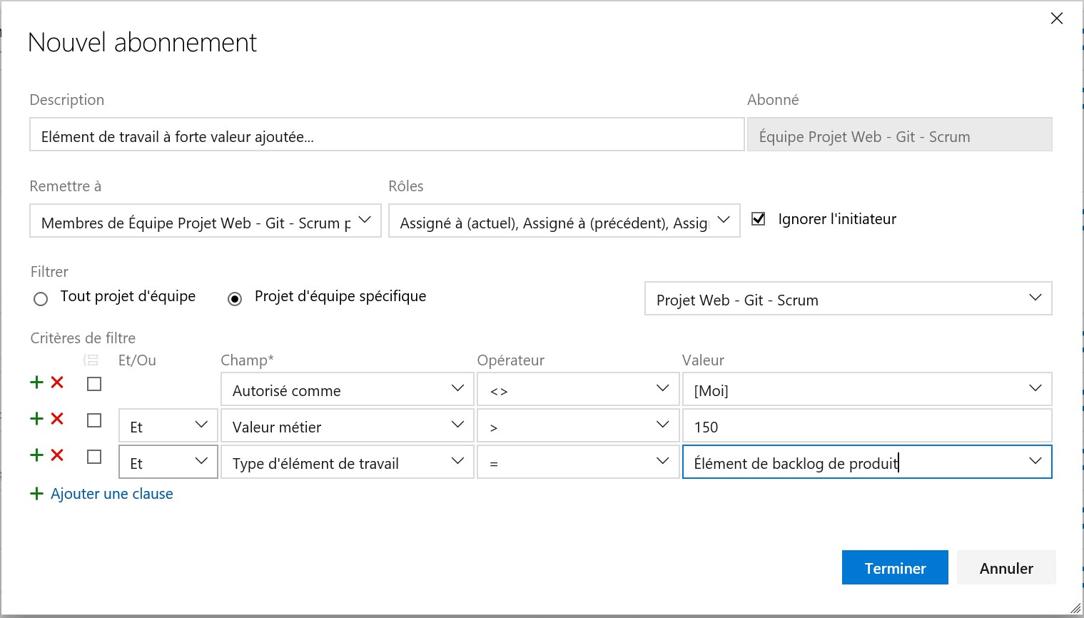 Choix des critères de filtre pour une notification dans un projet Azure DevOps