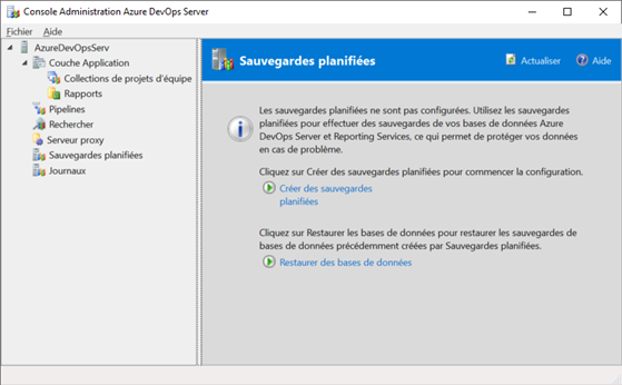 Configuration des sauvegardes planifiées de la console d’administration Azure DevOps Server 