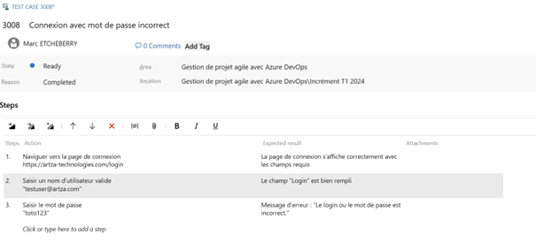 Exemple d’un cas de test dans Azure DevOps