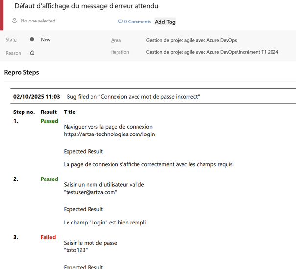 Création d’un bug suit à l’échec d’un cas de test dans Azure DevOps