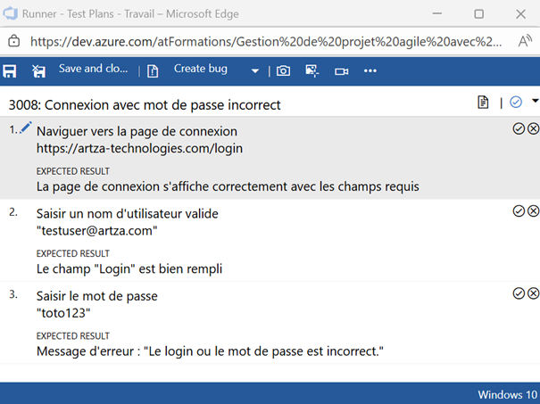 Exemple d’exécution d’un cas de test dans Azure DevOps