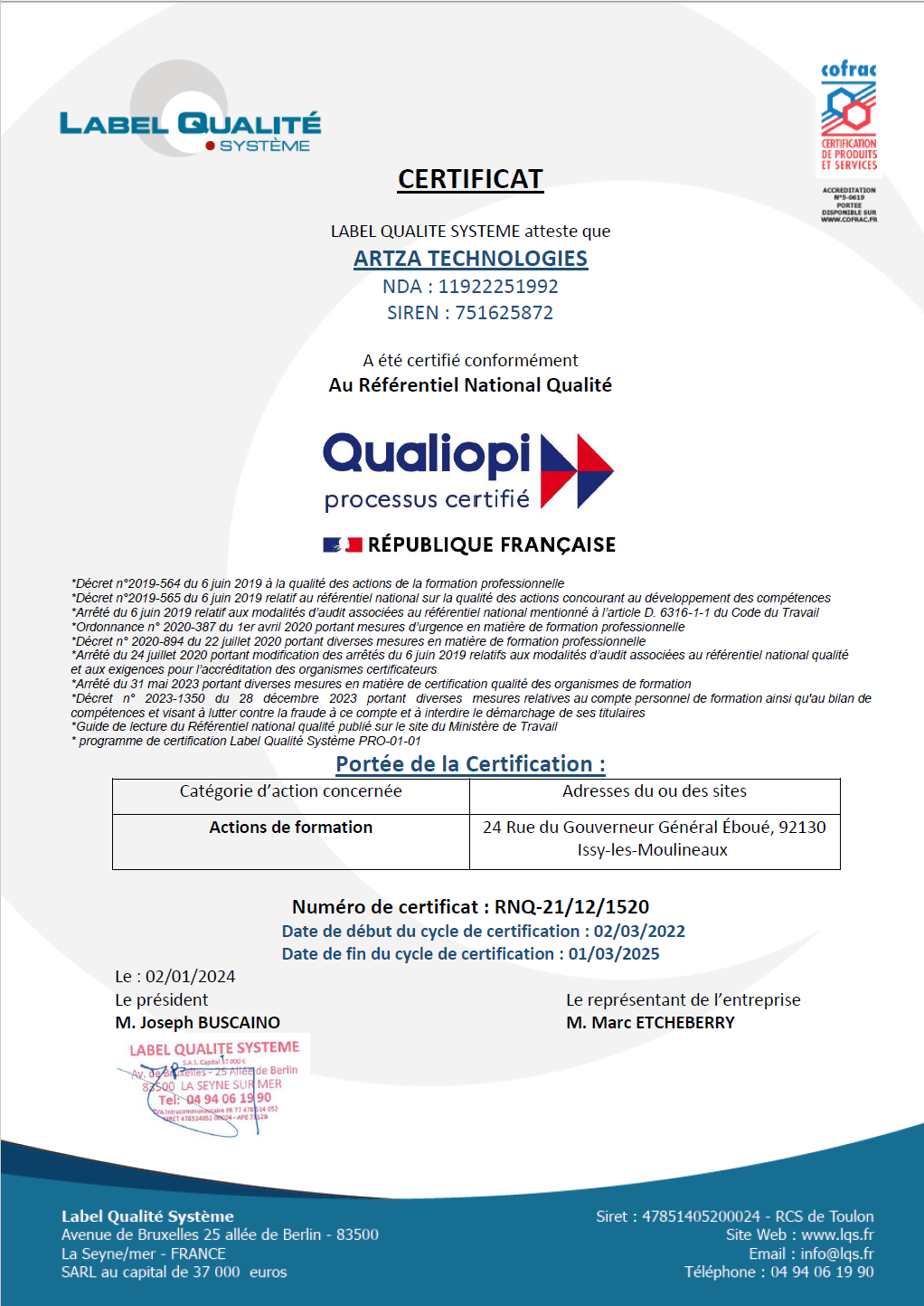 Certification Qualiopi pour Artza Technologies